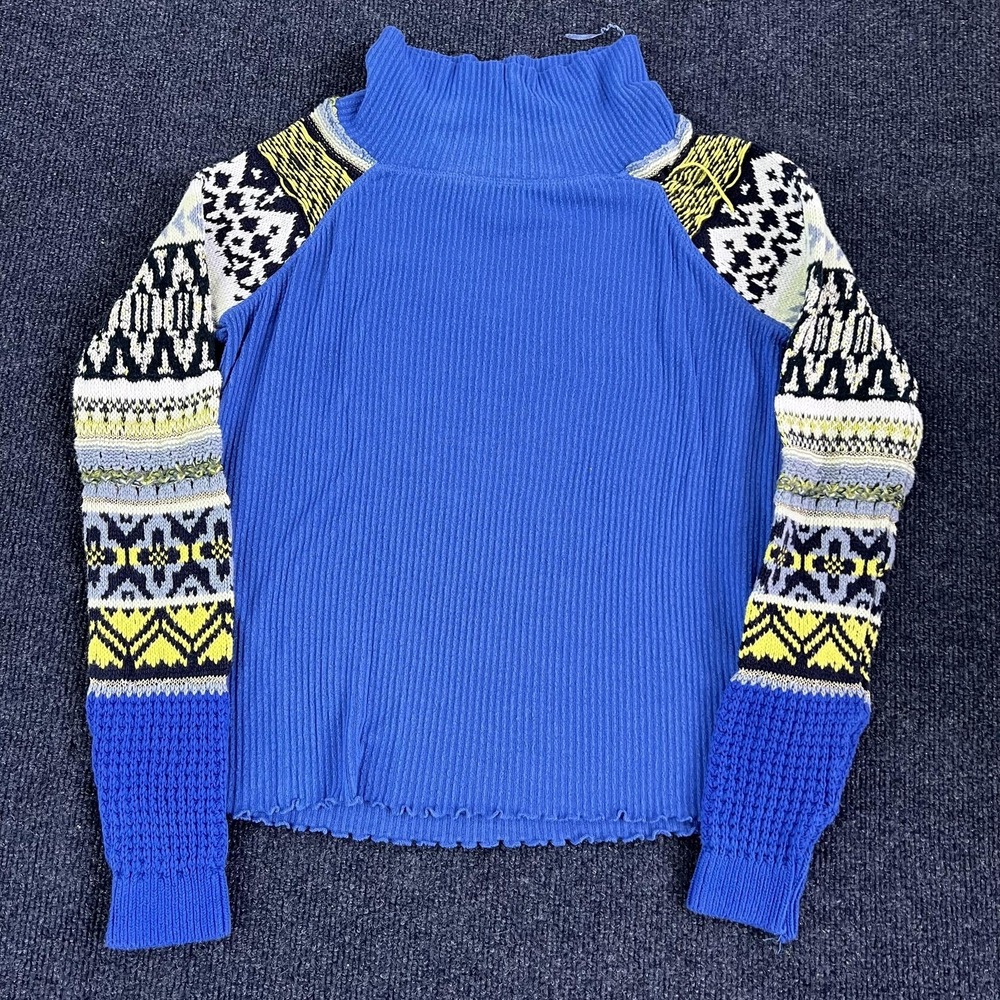 Free People Sweater Womens XS Blue Fair Isle Mock Neck Raglan Pullover Boho